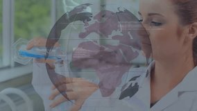 Animation of globe and data processing over caucasian female scientist in laboratory. global science, data processing and connections concept digitally generated video. - Powered by Shutterstock - Get 15% off with code: PIKWIZARD15