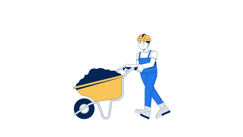 Sad young boy pushing wheelbarrow 2D character animation. Construction child underage exploitation. Kid in hard hat doing heavy labor animated person cartoon 4K video isolated on white transparent