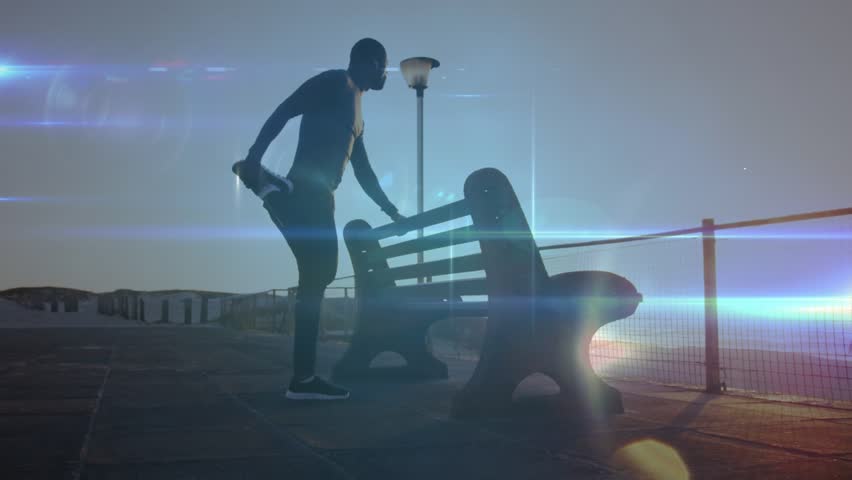 Animation of network of connections over afrcian american man stretching on promenade. Sport, fitness, active lifestyle and connections concept digitally generated video.