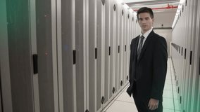 Animation of scanner data processing over caucasian businessman in computer server room. Global communication, business, data security and digital interface concept digitally generated video. - Powered by Shutterstock - Get 15% off with code: PIKWIZARD15