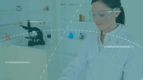 Animation of data processing over caucasian female scientist working at laboratory. Medical research and science technology concept - Powered by Shutterstock - Get 15% off with code: PIKWIZARD15
