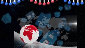 Animation of animation of globe and dna strand spinning over world map. Global internet security digital interface technology and networking concept digitally generated video. - Powered by Shutterstock - Get 15% off with code: PIKWIZARD15