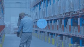 Animation of network of connections with icons over caucasian male worker in warehouse. Global shipping, delivery and digital interface concept digitally generated video. - Powered by Shutterstock - Get 15% off with code: PIKWIZARD15