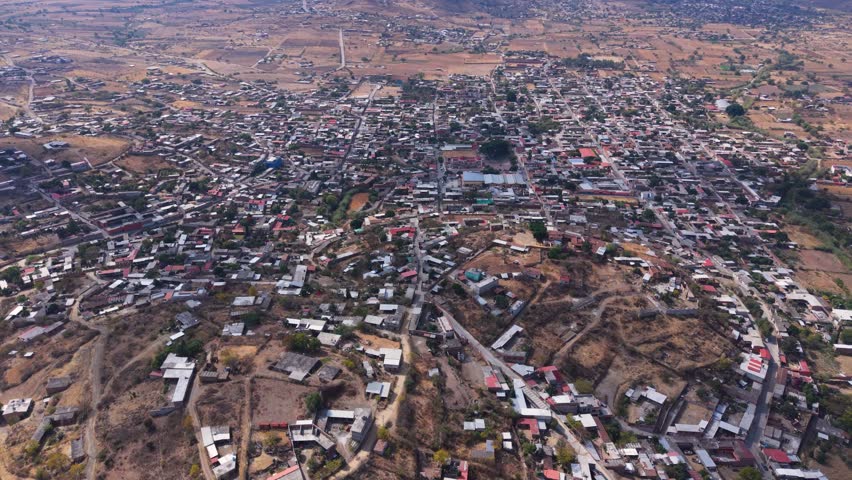 High-angle drone shot of a typical village in Oaxaca, Mexico
