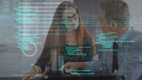 Animation of statistical data processing over businessman and businesswoman discussing at office. Business data technology concept - Powered by Shutterstock - Get 15% off with code: PIKWIZARD15