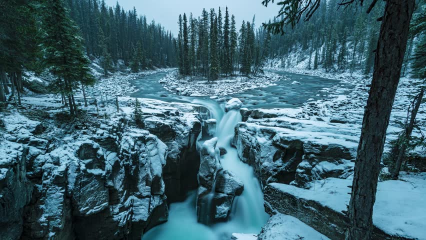Winter time lapse of Sunwapta Falls in Jasper National Park, Canada.