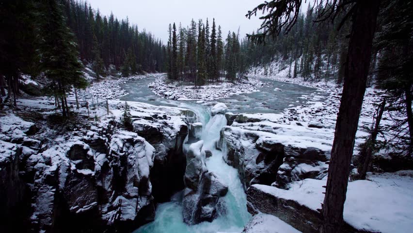 Winter view of Sunwapta Falls in Jasper National Park, Canada.