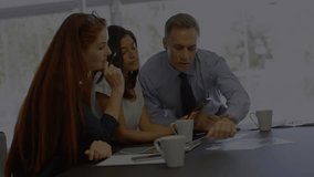 Animation of statistical data processing against diverse colleagues discussing together at office. Computer interface and business data technology concept - Powered by Shutterstock - Get 15% off with code: PIKWIZARD15