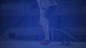 Male athlete crouching on starting blocks indoors, overlaying financial candlestick and line charts. Athlete, startup, digital, competition, dynamic, innovation, performance - Powered by Shutterstock - Get 15% off with code: PIKWIZARD15