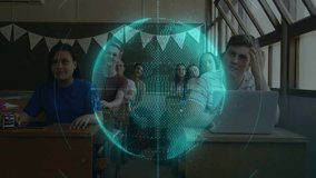 Students turning heads to view holographic globe emerging and projecting data streams across desks. Futuristic, education, technology, digital, innovation, collaborative, modern - Powered by Shutterstock - Get 15% off with code: PIKWIZARD15