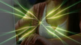 Teen girl typing on laptop keyboard and pulsing green fractal overlay visualizing STEM learning. Technology, innovation, creativity, education, futuristic, digital, concentration - Powered by Shutterstock - Get 15% off with code: PIKWIZARD15