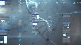 Animation of diverse data, connections and graphs over dna chain on navy background. science, human biology, technology and digital interface concept digitally generated video. - Powered by Shutterstock - Get 15% off with code: PIKWIZARD15