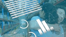 Animation of statistics and financial data processing over diverse people volunteering in warehouse. global shipping, finance, business and data processing concept digitally generated video. - Powered by Shutterstock - Get 15% off with code: PIKWIZARD15