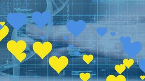 Animation of data processing and blue and yellow hearts over hands using laptop. ukraine crisis and digital interface concept digitally generated video. - Powered by Shutterstock - Get 15% off with code: PIKWIZARD15
