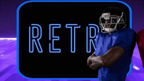 Animation of diverse male rugby players over retro text. Global sport and digital interface concept digitally generated video. - Powered by Shutterstock - Get 15% off with code: PIKWIZARD15