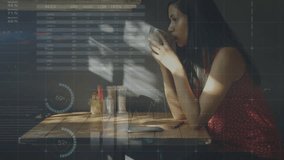 Animation of infographic interface over woman drinking coffee at cafes. Digital composite, multiple exposure, drink ,beverages, report, finance, global, database and business concept. - Powered by Shutterstock - Get 15% off with code: PIKWIZARD15