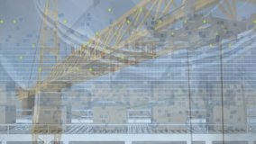 This video composite shows cardboard boxes moving along a conveyor belt, with a crane and house model in the background. The background is composed of binary code, representing data processing. The - Powered by Shutterstock - Get 15% off with code: PIKWIZARD15