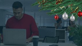 Animation of data processing and christmas decorations over businessman in office. Christmas, global business, computing, connections and data processing concept digitally generated video. - Powered by Shutterstock - Get 15% off with code: PIKWIZARD15