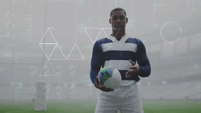 Animation of data processing over african american rugby player. Global sports, competition, connections, computing and data processing concept digitally generated video. - Powered by Shutterstock - Get 15% off with code: PIKWIZARD15