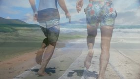 Running on beach, two people with scenic landscape in background. Fitness, wellness, sunrise, ocean, couple, jogging - Powered by Shutterstock - Get 15% off with code: PIKWIZARD15
