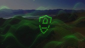 Pixelated green shield icon floating over twilight mountains, streaming neon circuitry and data. Cybersecurity, digital, futuristic, protection, technology, secure, innovation - Powered by Shutterstock - Get 15% off with code: PIKWIZARD15