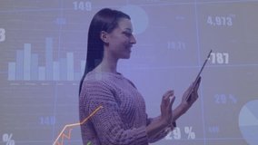 Female analyst reviewing financial data tapping and swiping, spiking line chart over bar or pie charts. Business, technology, data, analytics, innovation, professional, digital - Powered by Shutterstock - Get 15% off with code: PIKWIZARD15