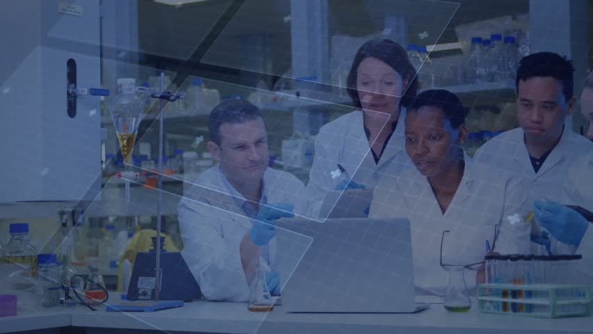 Research team gathering around lab laptop generating data overlays pipetting verifying findings. Science, collaboration, innovation, technology, laboratory, data, experimentation