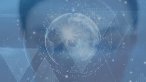 Animation of clock moving over globe, purple shapes, connections and face of caucasian woman. global connections, time, data processing and technology concept digitally generated video. - Powered by Shutterstock - Get 15% off with code: PIKWIZARD15