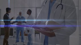 Blue light trails and data processing against portrait of caucasian male doctor smiling at hospital. Medical healthcare and technology concept - Powered by Shutterstock - Get 15% off with code: PIKWIZARD15