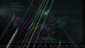 Animation of light trails and neon shapes over data processing on black background. Global technology, data processing and digital interface concept digitally generated video. - Powered by Shutterstock - Get 15% off with code: PIKWIZARD15