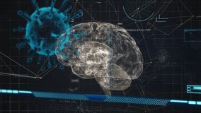 Animation of brain rotating over virus, digital padlock and integrated circuit. Digital safety, data processing, network, connections and technology concept digitally generated video. - Powered by Shutterstock - Get 15% off with code: PIKWIZARD15