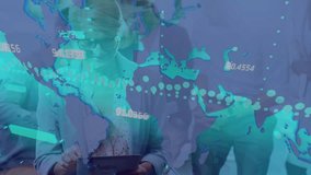 Animation of financial data processing and world map over diverse business people. Global business, computing and digital interface concept digitally generated video. - Powered by Shutterstock - Get 15% off with code: PIKWIZARD15