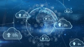 Animation of digital screen with globe and clouds with uploading. Cloud, computing, digital interface, data processing and technology concept digitally generated video. - Powered by Shutterstock - Get 15% off with code: PIKWIZARD15