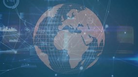 Animation of bar graph over network of connections and spinning globe against blue background. Global networking and business technology concept - Powered by Shutterstock - Get 15% off with code: PIKWIZARD15