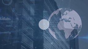 Animation of network of digital icons and data processing over spinning globe against tall building. Global networking and business technology concept - Powered by Shutterstock - Get 15% off with code: PIKWIZARD15