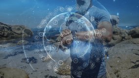 hiker interacting with augmented reality globe and network icons, boosting marketing visuals. Adventure, exploration, technology, outdoor, futuristic, landscape, connectivity - Powered by Shutterstock - Get 15% off with code: PIKWIZARD15