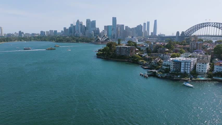 Establishing drone shot approaching the skyline of Sydney, in sunny Australia