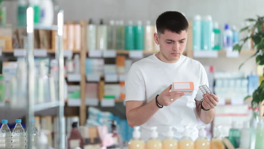 Young man buys pills at pharmacy and compare with other medicine, carefully reads patient information, checks composition of drug. Checks for absence of harmful substances, view product in details.