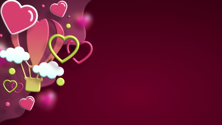 Romantic maroon backdrop featuring flying heart balloons and clouds