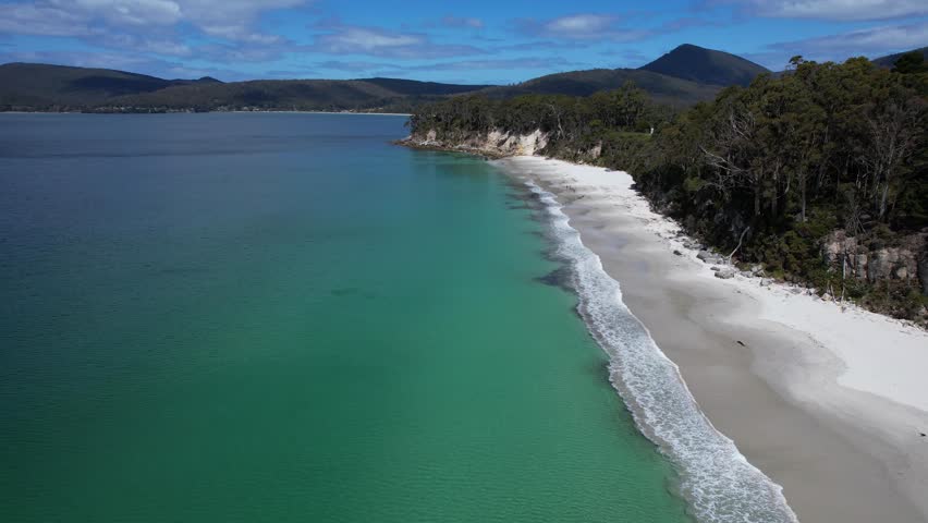 Hanssons Beach, Adventure Bay, Tasmania, Australia - Aerial Drone Shot