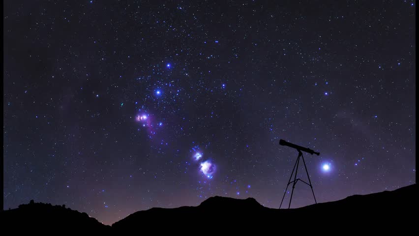 Beautiful night landscape, telescope silhouette under colorful bright milky way galaxy at starry night. Time lapse