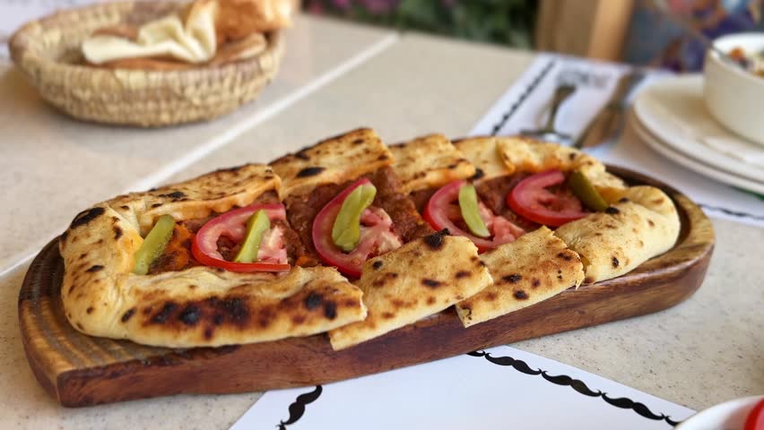 Close-up of oval stuffed flatbread on wooden board with minced filling, tomato slices and pickles, served on a restaurant table in daylight.