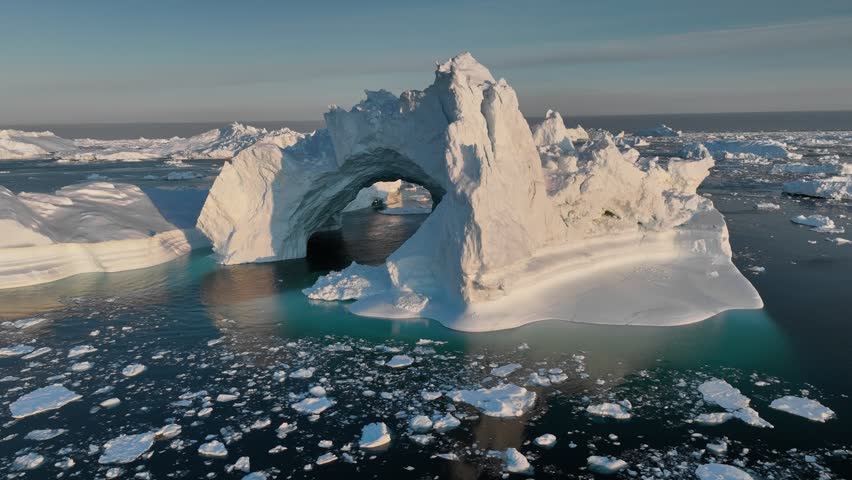 Aerial drone view of icebergs near Ilulissat, Greenland, Arctic seascape and polar nature, melting ice and climate change concept, 4K footage