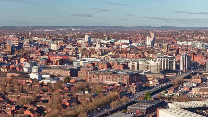 Wide-angle aerial of Nottingham, documenting the city