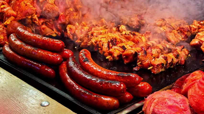 Delicious grilled meats cooking on a hot BBQ grill in Krakow, Poland
