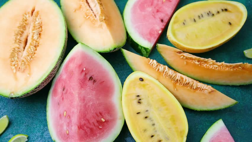 Variety of ripe melons cut open and arranged with lime slices on a dark background.