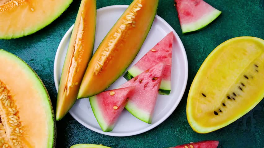 Fresh cantaloupe and watermelon slices on a plate, healthy fruits.
