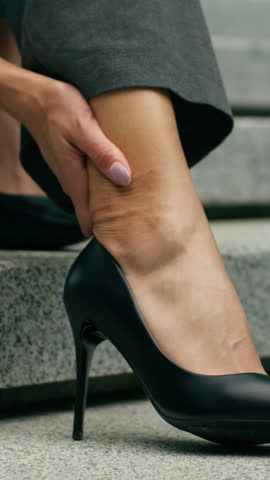 Unrecognizable stylish African business woman feeling ankle pain high heels discomfort in city cropped view female legs feet businesswoman ache injury medicine outdoor office stairway walking struggle