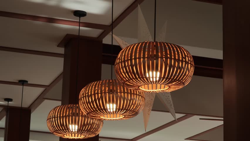 Modern bamboo lamps in a cafe.