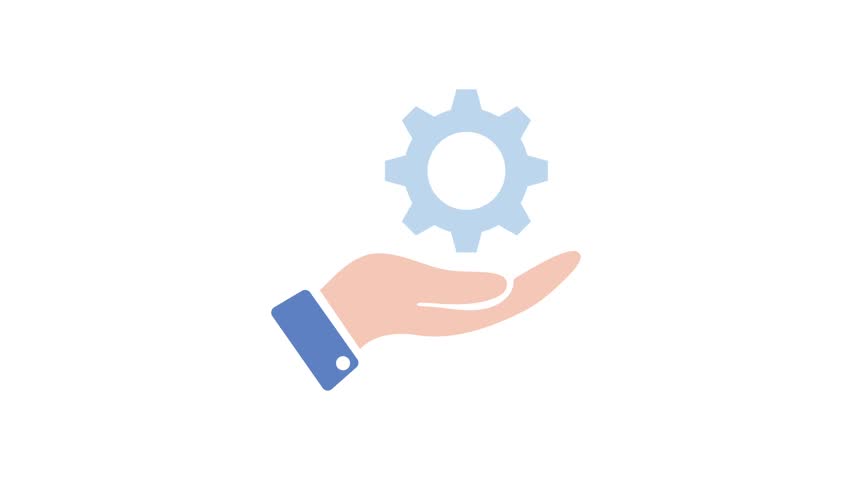 Hand holding rotating gear symbol 4k animation for engineering and technical concept